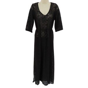 OYSHO Womens Small Black Long Sleeve V Neck See Through Coverup Dress Beach Slit